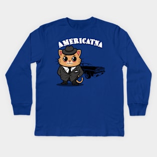 Americatna Cute Vintage Retro Classic Cars Americana Gangster Cat Kids Long Sleeve T-Shirt